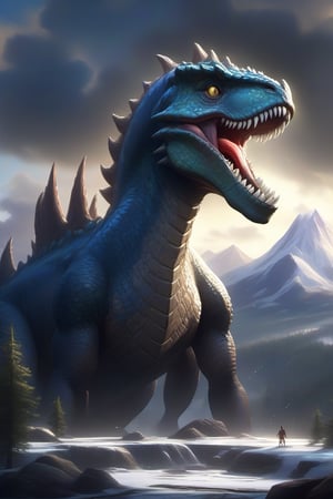 A majestic shot of a luminous dinosaur perched atop a gleaming crystal mountain, bathed in soft, ethereal light. The dinosaur's elongated head is pointed towards the right, its mouth aglow with an otherworldly tongue, as a black energy flows from its lips, emphasizing its regal stance. Wavy lines above form a whimsical arrow pointing rightward. In the foreground, three shining buttons adorn the base, one featuring the numeral 8.0. The atmosphere is infused with Quetzacoatl's creative energy, radiating magic and wonder, as the dinosaur's glowing eyes shine forth from amidst the crystal landscape, devoid of human presence.