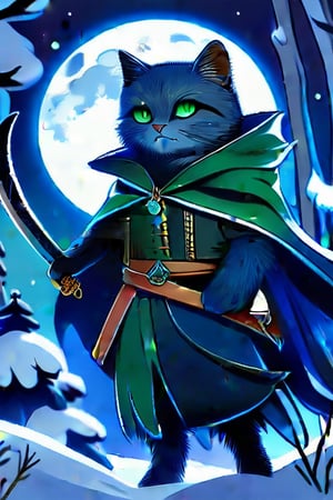 Grey cat with green eyes and a sword on his back also a cape. Game of thrones setting. Snowy weather. Full moon.