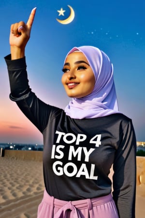 Hijabi woman with a black tshirt. "Top 4 is my goal" is written on the tshirt. She is pointing sky. Crescebt moon.