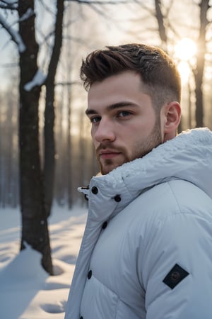 (best quality,4k,8k,highres,masterpiece:1.2),ultra-detailed,(realistic,photorealistic,photo-realistic:1.37),portrait, handsome,cenamatic, age 25-27, man,winter season, snow falling, morning scene, forest, sun rises