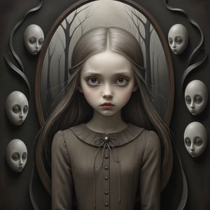 Painting in art style of Nicoletta Ceccoli and Anton Semenov. Painting of a beautiful girl in a dark sinister place. Mirrors around. feeling of forboding, creepy, eerie eyes watching her, melancholy. Surreal, Subdued, Halloween, Contemporary, 21st century, Surrealism, Dark Fantasy, Contemporary Art, Digital art, Textured effects, Photo manipulation, Dark brown, Umber, Grey, Charcoal, Beige, Surreal figures, Fantasy creatures, High detail, Textured surfaces, Dark, Mysterious, Melancholic