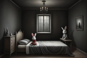 Painting in art style of Nicoletta Ceccoli, Daria Petrilli and Anton Semenov, minimalist style. Painting of a dark sinister bedroom with rabbit plushes. Nobody. feeling of forboding, creepy, fear, darkness.