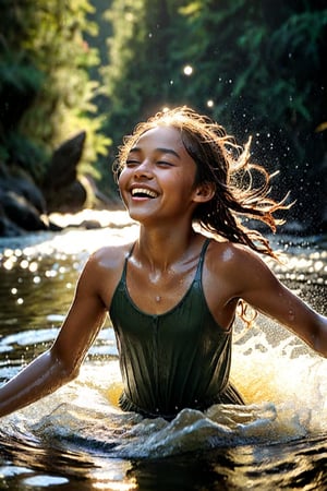 A 14yo girl, laughing with joy, wades knee-deep in a serene river, water droplets glistening on her sun-kissed skin. She playfully splashes and frolics amidst the gently lapping waves, her carefree spirit mirrored by the radiant sunlight dancing across the rippling surface.