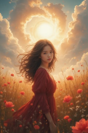 This is a highly detailed digital close-up and tilt shot artwork in a bright fantasy style, intricate tetradic colors in every details, a  22 years old malay girl, looking at viewer, head tilt, leaning forward, A lone girl with long black hair with vibrant, wearing  maroon dress, stands in windy flower field with grass, sun glare, heavenly cloudy sky, (clouds spiral:0.8), a macabre tapestry of clouds reaching towards viewer, falling petals, light cascading from an unseen aperture above. A low camera angle emphasizes the girl's with the overwhelming warm vibes.