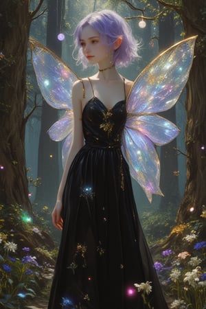 "A graceful elven girl with delicate wings, standing in a mystical forest. Her short purple hair flows down her back, and her pointed ears peek through. She wears an black suit flowing gown made of natural elements like leaves and vines, shimmering in the soft glow of magical orbs floating around her. Her wings are translucent and glow with soft pastel colors. The forest around her is filled with towering ancient trees, glowing flowers