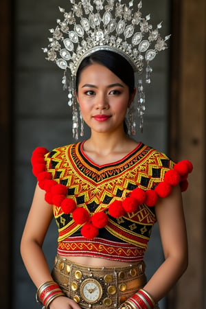 
The full body image depicts a woman wearing a traditional IbanAttireXmiya from Sarawak, Malaysia, characterized by intricate craftsmanship and vibrant colors. She dons a silver, floral-adorned headpiece known as a "Sugu Tinggi," symbolizing beauty and prestige. Her beaded top, called "Baju Marik Empang," is detailed with yellow, red, and black geometric patterns, accented by red pom-poms along the edges, showcasing the Iban's beadwork artistry. cover her stomach.Around her waist is a belt made of gold or brass coins, adding an element of opulence, while her arms are adorned with multiple bangles, enhancing the ceremonial elegance. The outfit is worn during important cultural events, reflecting the heritage and pride of the Iban people.perfect anotomy perfect hand.beautiful fingers .perfect image model.