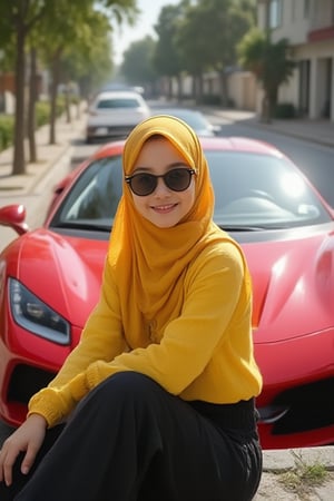 A young girl in yellow abstract hijab sitting at car .confidently in front of a red Ferrari f8 tributo is parked on a quiet suburban street or near a park. The girl, with long yellow hijab, is casually dressed in a yellow blouse and long black skirt ruffle wearing round black sunglases.and she is facing forward with a smile. The red Ferrari f8 tributo in a bright rea metallic is clearly visible with its headlights and logo in focus."