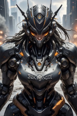 featuring a futuristic female pilot inside a sleek, heavily armored mech suit, with the emblem 'SzkyNot' prominently displayed on the chest plate or shoulder of the suit. The pilot is in a dynamic pose, her hair featuring neon streaks. In the background, show a futuristic cityscape with signs of a recent battle, including smoke and debris., metallic font on the mech suit, and make it stand out as a key part of the design,kunangkuning