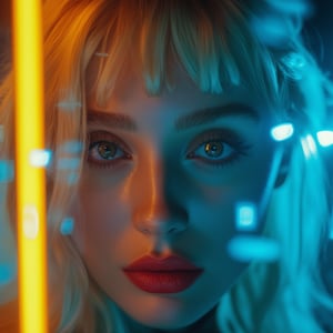 (ultra realistic,32k, masterpiece:1.2),(high detailed skin:1.1),( high quality:1.1), (masterpiece, best quality) A high-quality, photorealistic Close up Portrait of a gorgeous woman with blond hair with a fringe, pretty face, large green eyes, with red full lips and beautiful cheekbones. She looks straight at the photographer through a glass pane reflected in blue neon lights. Yellow neon light coming on her face from the left. Background : blue hour and fog in the city.,Details,skin texture 