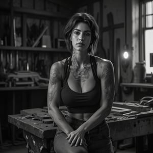 (ultra realistic,32k, masterpiece:1.2),(high detailed skin:1.1),( high quality:1.1), (masterpiece, best quality) (wide angle : full body) A captivating black and white photograph of a tattooed on arms gorgeous 30 years old woman mechanic posing in front of a workbench full of tools in a garage. Backlit. Low key. Gritty, sharp photo