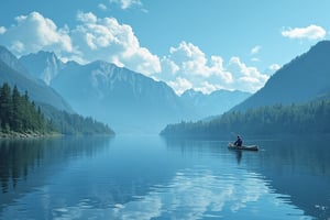 A lake in the high mountains on a sunny day with blue sky only some fluffy clouds. A man is sitting in a canoe in the middle of the lake fishing.