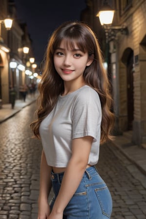 17 year girl , girl next door, vintage cropped t -shirt and jeans, street lights on cobblestones night, interior, long brown curly hair with bangs , standing under streetlight, attractive eyes , long open thick hairs , wide smile , young girl, black lipstick,steet with cobblestones, young and cute,elbow length hair 