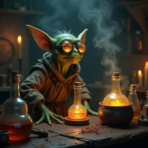 A photo-realistic depiction of a goblin alchemist in its dark, cluttered lab. Every detail is textured: the goblin's leathery green skin, the threadbare robe it's wearing, and the intricate bubbles forming in the glowing potions. Smoke from boiling cauldrons drifts lazily through the air, illuminated by the warm glow of candles and lanterns. The goblin’s goggles reflect the shimmering potions, and every glass bottle, cracked and weathered, adds to the authentic feel of this magical yet grounded environment