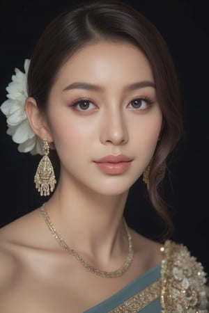 Portrait of หญิงสาวสวมใส่ชุดไทยผ้าไทยกระโปรงยาว ยืนโพสต์ท่าทางท่ามกลางธรรมชาติ โดยมีพื้นหลังเป็นต้นไม้สีเขียวและสิ่งปลูกสร้าง เธอสวมรองเท้าสีขาว ทำให้ภาพนี้มีความสดใสและดูเป็นธรรมชาติ