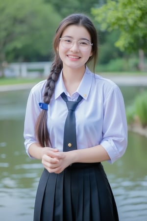 Portrait of A high school girl with long hair braided bangs hairstyle in a ponytail tied with a blue ribbon,wearing a white long-sleeved shirt with a short black tie and a long black skirt, clear-framed glasses. stands by the water. She looks squat, smiles and seems to be enjoying the moment. The background has trees and flowers, suggesting that this may be a park or recreational area near the river.