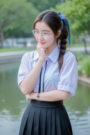 Portrait of A high school girl with long hair braided bangs hairstyle in a ponytail tied with a blue ribbon,wearing a white long-sleeved shirt with a short black tie and a long black skirt, clear-framed glasses. stands by the water. She looks at the chin in hand, smiles and seems to be enjoying the moment. The background has trees and flowers, suggesting that this may be a park or recreational area near the river.