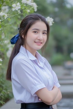 Portrait of a high school girl with shoulder-length hair, braided bangs tied with a blue bow, wearing a traditional Thai school uniform, a white short-sleeved shirt and a black skirt, standing by the water. She looks at the camera, has a charming, captivating smile, her arms are crossed and she seems to be enjoying the moment. The background is covered in flowers, suggesting that it may be a park or recreational area near the river.
