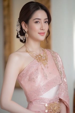 Portrait of a beautiful Thai woman Wearing a light pink Thai silk dress, embroidered and decorated with exquisite jewelry. and flower-patterned hair clips Her hair was neatly styled. And she smiled softly Eyes looking at the camera In a bright and elegant atmosphere Suitable for formal occasions or ceremonies.