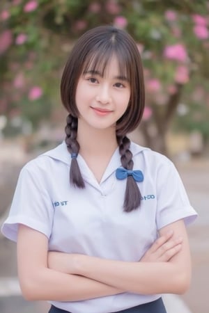 Portrait of a high school girl with shoulder-length hair, braided bangs tied with a blue bow, wearing a traditional Thai school uniform, a white short-sleeved shirt and a black skirt, standing by the water. She looks at the camera, has a charming, captivating smile, her arms are crossed and she seems to be enjoying the moment. The background is covered in flowers, suggesting that it may be a park or recreational area near the river.
