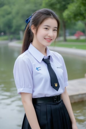 A high school girl with long hair braided in a ponytail tied with a blue ribbon, wearing a white shirt with a short black tie and a long black skirt, stands by the water. She was smiling, sweet, charming and seemed to be enjoying the moment. The background has trees and flowers, suggesting that this may be a park or recreational area near the river.