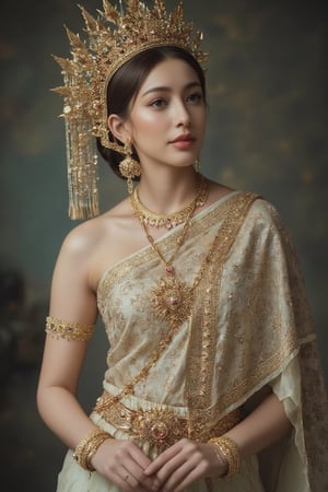 Portrait of หญิงสาวสวมใส่ชุดไทยผ้าไทยกระโปรงยาว ยืนโพสต์ท่าทางท่ามกลางธรรมชาติ โดยมีพื้นหลังเป็นต้นไม้สีเขียวและสิ่งปลูกสร้าง เธอสวมรองเท้าสีขาว ทำให้ภาพนี้มีความสดใสและดูเป็นธรรมชาติ