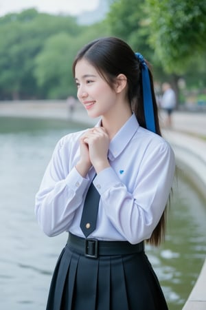 Portrait of A high school girl with long hair braided bangs hairstyle in a ponytail tied with a blue ribbon, wearing a white long-sleeved shirt with a short black tie and a long black skirt. stands by the water. She looks do the lotus pose, smiles and seems to be enjoying the moment. The background has trees and flowers, suggesting that this may be a park or recreational area near the river.