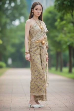 Portrait of a young woman wearing a Thai dress, Thai cloth, long skirt, standing in the middle of nature. The background is green trees and buildings. She wears white shoes Make this image bright and natural.