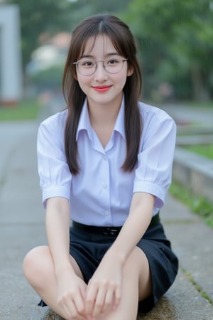 Portrait of a young Asian woman is seated on a gray concrete sidewalk, She is wearing Thai high school uniform , and black shorts. Her hair is dark brown, and she's wearing a pair of eye glasses. The background is blurred, but it appears to be raining.,soft focus,white short sleeve shirt,black pleated skirt
,
