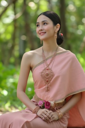 Portrait of Thai girl , slim body shape, navel, smile with dimples, mouth closed , flowers ornaments, light Pink Thai dress, sitting elegant in the forest, sunlight rays, necklaces, bracelets , shoulders shot