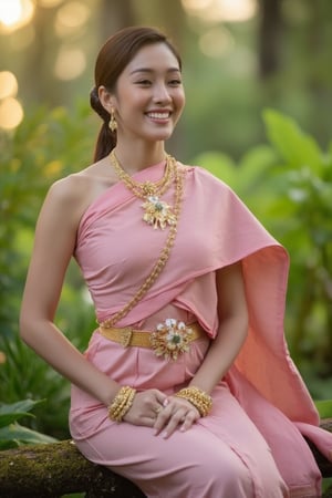 Portrait of Thai girl , slim body shape, navel, smile with dimples, mouth closed , flowers ornaments, light Pink Thai dress, sitting elegant in the forest, sunlight rays, necklaces, bracelets , shoulders shot