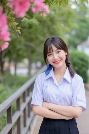 Portrait of a high school girl with shoulder-length hair, braided bangs tied with a blue bow, wearing a traditional Thai school uniform, a white short-sleeved shirt and a black skirt, standing by the water. She looks at the camera, has a charming, captivating smile, her arms are crossed and she seems to be enjoying the moment. The background is covered in flowers, suggesting that it may be a park or recreational area near the river.
