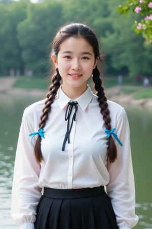 A high school girl with long hair braided in a ponytail tied with a blue ribbon, wearing a white shirt with a short black tie and a long black skirt, stands by the water. She was smiling, sweet, charming and seemed to be enjoying the moment. The background has trees and flowers, suggesting that this may be a park or recreational area near the river.