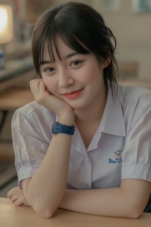 Let's study
A 18-year-old woman with short black hair, and a high school uniform, sits at a desk. She smiles gently and rests her hand on her chin as she looks directly at the camera. The soft and warm lighting creates a relaxed and inviting atmosphere. The background is a desk, adding a casual elegance to the classroom atmosphere.