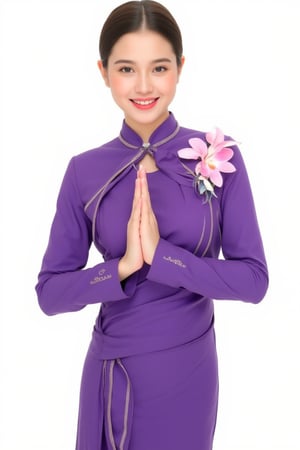 "Thai Airways" A beautiful female flight attendant in a traditional Thai silk uniform, featuring a vibrant purple blouse and skirt with golden accents. She is standing with her hands pressed together in a traditional Thai greeting (wai), smiling warmly. Her hair is neatly tied back, and she wears an elegant orchid flower accessory on her shoulder. The image is presented with a transparent background, focusing on the traditional attire and the graceful pose. Photorealistic rendering with detailed fabric textures and a vibrant color palette to highlight the elegance of Thai culture. "Air Hostess"
