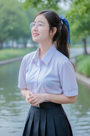 Portrait of A high school girl with long hair braided bangs hairstyle in a ponytail tied with a blue ribbon,wearing a white long-sleeved shirt with a short black tie and a long black skirt, clear-framed glasses. stands by the water. She looks at the sky, smiles and seems to be enjoying the moment. The background has trees and flowers, suggesting that this may be a park or recreational area near the river.
