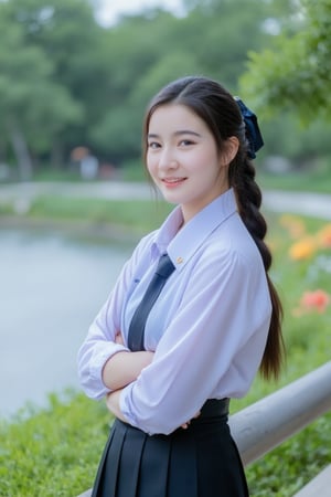 Portrait of A high school girl with long hair braided bangs hairstyle in a ponytail tied with a blue ribbon,wearing a white long-sleeved shirt with a short black tie and a long black skirt, clear-framed glasses. stands by the water. She looks crossed arms, smiles and seems to be enjoying the moment. The background has trees and flowers, suggesting that this may be a park or recreational area near the river.