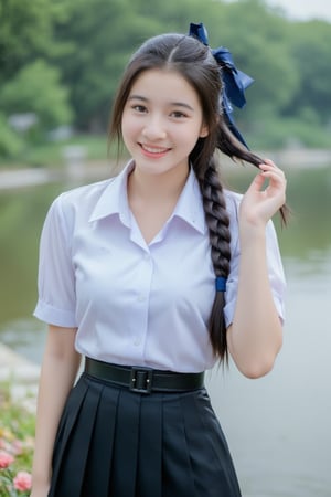 A high school girl with long hair braided in a ponytail tied with a blue ribbon, wearing a white shirt with a short black tie and a long black skirt, stands by the water. She was smiling, sweet, charming and seemed to be enjoying the moment. The background has trees and flowers, suggesting that this may be a park or recreational area near the river.