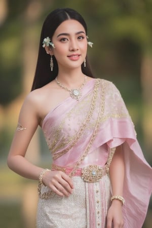 Portrait of a beautiful Thai woman Wearing a light pink Thai silk dress, embroidered and decorated with exquisite jewelry. and flower-patterned hair clips Her hair was neatly styled. And she smiled softly Eyes looking at the camera In a bright and elegant atmosphere Suitable for formal occasions or ceremonies.