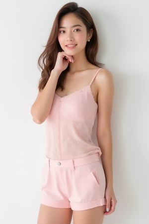 A beautiful young woman standing against a plain white background, wearing a light pink lace camisole with matching pink shorts. She has long brown hair flowing softly over her shoulders. The model has a soft expression with a gentle smile, holding her hand up delicately near her face. The lighting is bright and even, creating a soft and natural look that emphasizes her elegance and the pastel colors of her outfit.