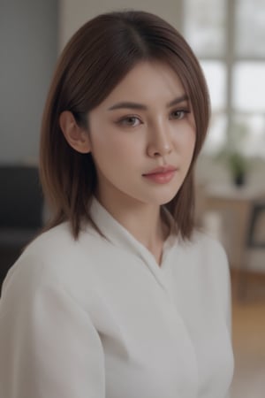 portrait woman with shoulder-length brown hair. She is wearing a white blouse with a collar and long sleeves. Her hair is styled in loose waves and falls over her shoulders. She has a serious expression on her face and is looking directly at the camera. The background is blurred, but it appears to be a room with a window and some chairs. The overall mood of the image is calm and contemplative.