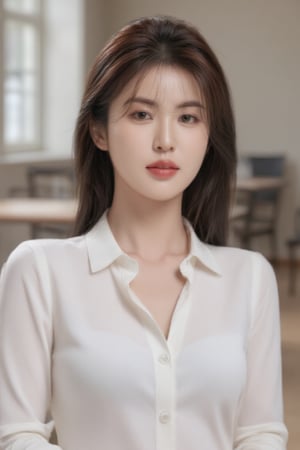 portrait woman with shoulder-length brown hair. She is wearing a white blouse with a collar and long sleeves. Her hair is styled in loose waves and falls over her shoulders. She has a serious expression on her face and is looking directly at the camera. The background is blurred, but it appears to be a room with a window and some chairs. The overall mood of the image is calm and contemplative.