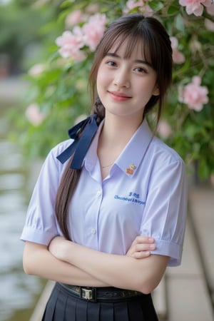 Portrait of a high school girl with shoulder-length hair, braided bangs tied with a blue bow, wearing a traditional Thai school uniform, a white short-sleeved shirt and a black skirt, standing by the water. She looks at the camera, has a charming, captivating smile, her arms are crossed and she seems to be enjoying the moment. The background is covered in flowers, suggesting that it may be a park or recreational area near the river.
