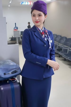 "Thai Airways" A woman dressed as a flight attendant The suitcase is on the side. She is in a standing position. Atmosphere in the airport terminal She wore a blue uniform and had a tie around her neck. wearing a purple hat The terminal appeared to be empty. with several chairs lined up in the background. "Air Hostess"
