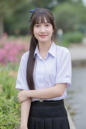 Portrait of a high school girl with long hair braided bangs tied with a blue bow, wearing a Thai school uniform of a white short-sleeved shirt and a black skirt, standing by the water. She looks at the camera, has a charming, captivating smile, her arms are crossed and she seems to be enjoying the moment. The background has flowers, suggesting that it may be a park or recreational area near the river.