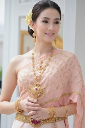 Portrait of A woman wearing a traditional Thai silk dress in soft pink and gold embroidery, accessorized with gold jewelry and a floral hairpiece. Her hair is neatly styled, and she is smiling gently in a bright and elegant setting, perfect for a formal occasion or ceremony.