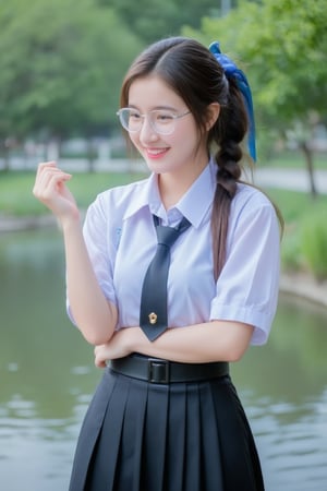 Portrait of A high school girl with long hair braided bangs hairstyle in a ponytail tied with a blue ribbon,wearing a white long-sleeved shirt with a short black tie and a long black skirt, clear-framed glasses. stands by the water. She looks at the hand of pose, smiles and seems to be enjoying the moment. The background has trees and flowers, suggesting that this may be a park or recreational area near the river.