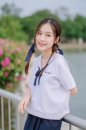 Portrait of a high school girl with shoulder-length hair, braided bangs tied with a blue bow, wearing a traditional Thai school uniform, a white short-sleeved shirt and a black skirt, standing by the water. She looks at the camera, has a charming, captivating smile, her arms are crossed and she seems to be enjoying the moment. The background is covered in flowers, suggesting that it may be a park or recreational area near the river.
