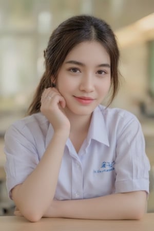 Let's study
A 18-year-old woman with short black hair, and a high school uniform, sits at a desk. She smiles gently and rests her hand on her chin as she looks directly at the camera. The soft and warm lighting creates a relaxed and inviting atmosphere. The background is a desk, adding a casual elegance to the classroom atmosphere.