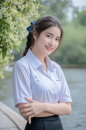 Portrait of a high school girl with shoulder-length hair, braided bangs tied with a blue bow, wearing a traditional Thai school uniform, a white short-sleeved shirt and a black skirt, standing by the water. She looks at the camera, has a charming, captivating smile, her arms are crossed and she seems to be enjoying the moment. The background is covered in flowers, suggesting that it may be a park or recreational area near the river.
