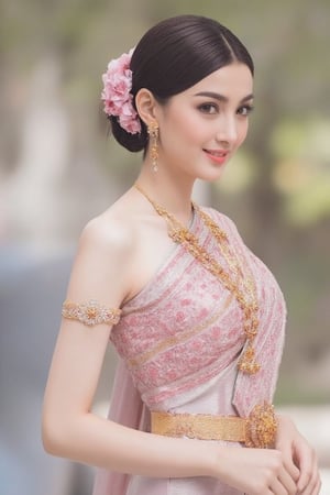 Portrait of a beautiful Thai woman Wearing a light pink Thai silk dress, embroidered and decorated with exquisite jewelry. and flower-patterned hair clips Her hair was neatly styled. And she smiled softly Eyes looking at the camera In a bright and elegant atmosphere Suitable for formal occasions or ceremonies.